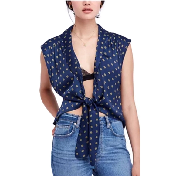 Free People Tie Front Top in Blue - Picture 2 of 5